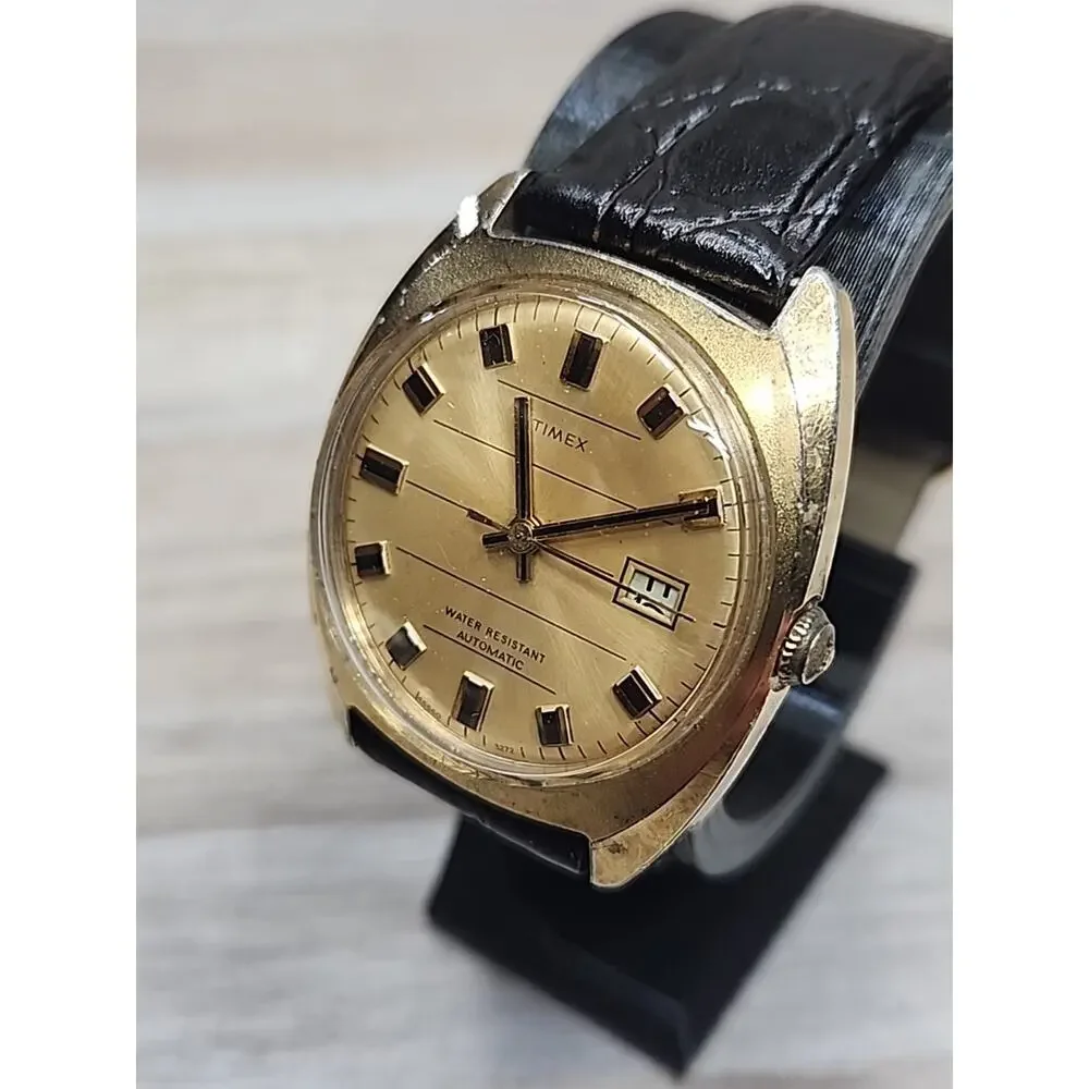 Vintage 1972 Men's Timex Automatic Watch Crosshair Dial W/Leather Strap-Working - Picture 3 of 9